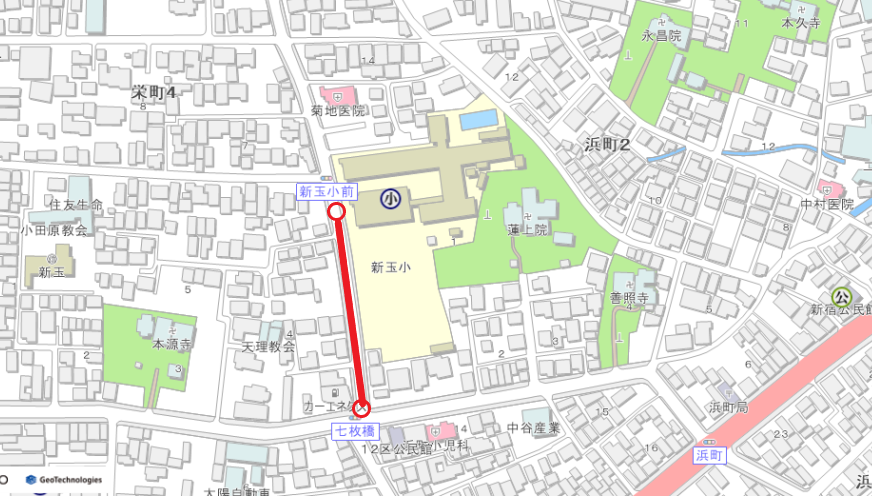 通行止め位置図(七枚橋交差点~新玉小学校前交差点まで通行止め)