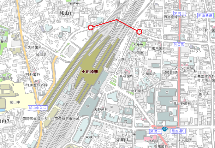 通行止め位置図(小田原駅西口から大乗寺入口交差点に抜けるアンダーパス区間)