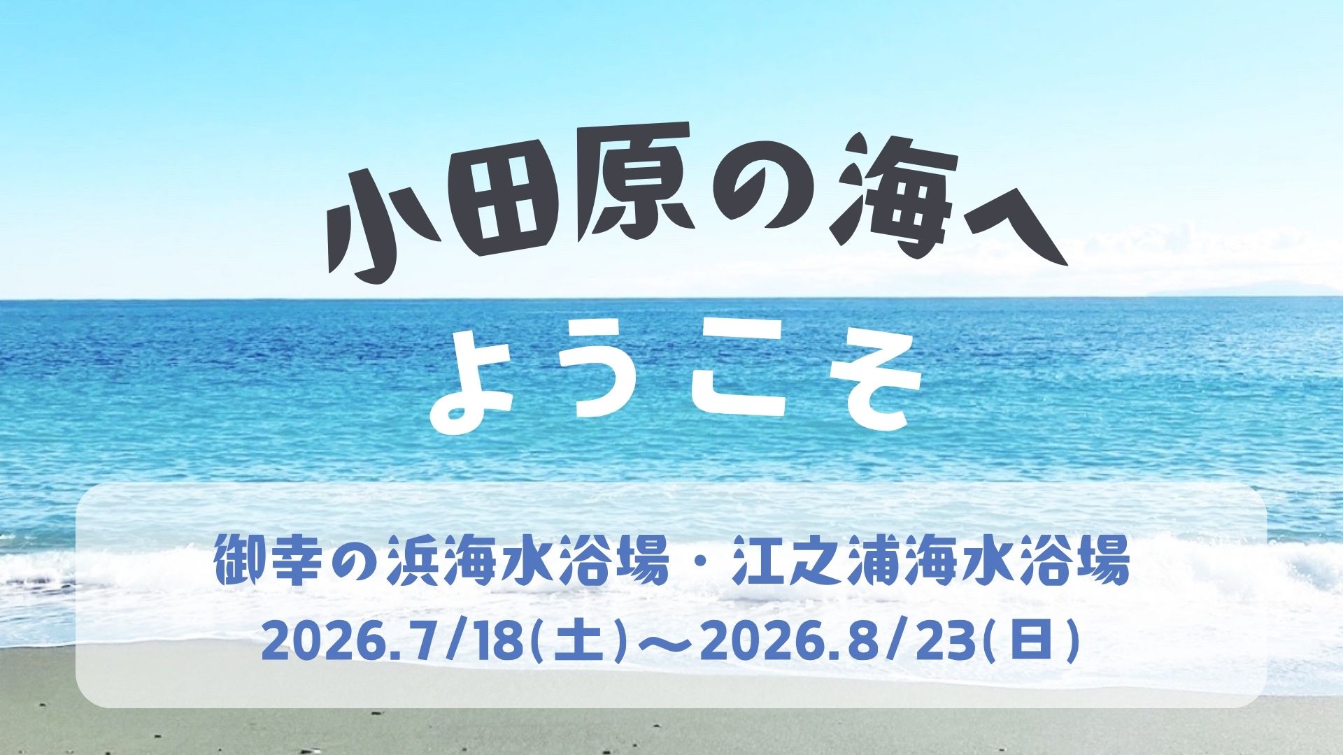 小田原の海へようこそ　開設期間７月18日土曜日から８月23日日曜日まで　御幸の浜海水浴場・江之浦海水浴場