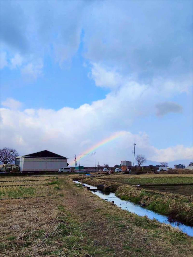 朝方の雨で、箱根山方面には虹が