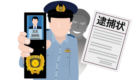 偽の身分証を表示したスマホと偽造の逮捕状を見せる警察官風の人物。背景に不審なシルエット。