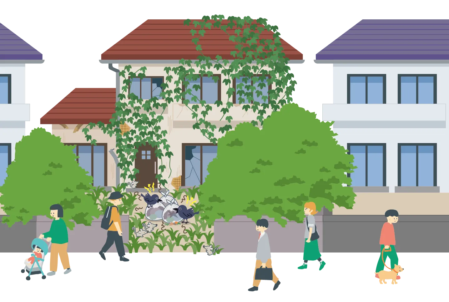 管理不全空家等のイラスト。ツタに覆われた壁、割れた窓ガラス、落書きされた外壁、モルタルが剥がれた外観、ごみの集積、道路にはみ出した樹木の枝葉、通行する歩行者など、放置された空き家の周辺課題を描いた家のイラスト。
