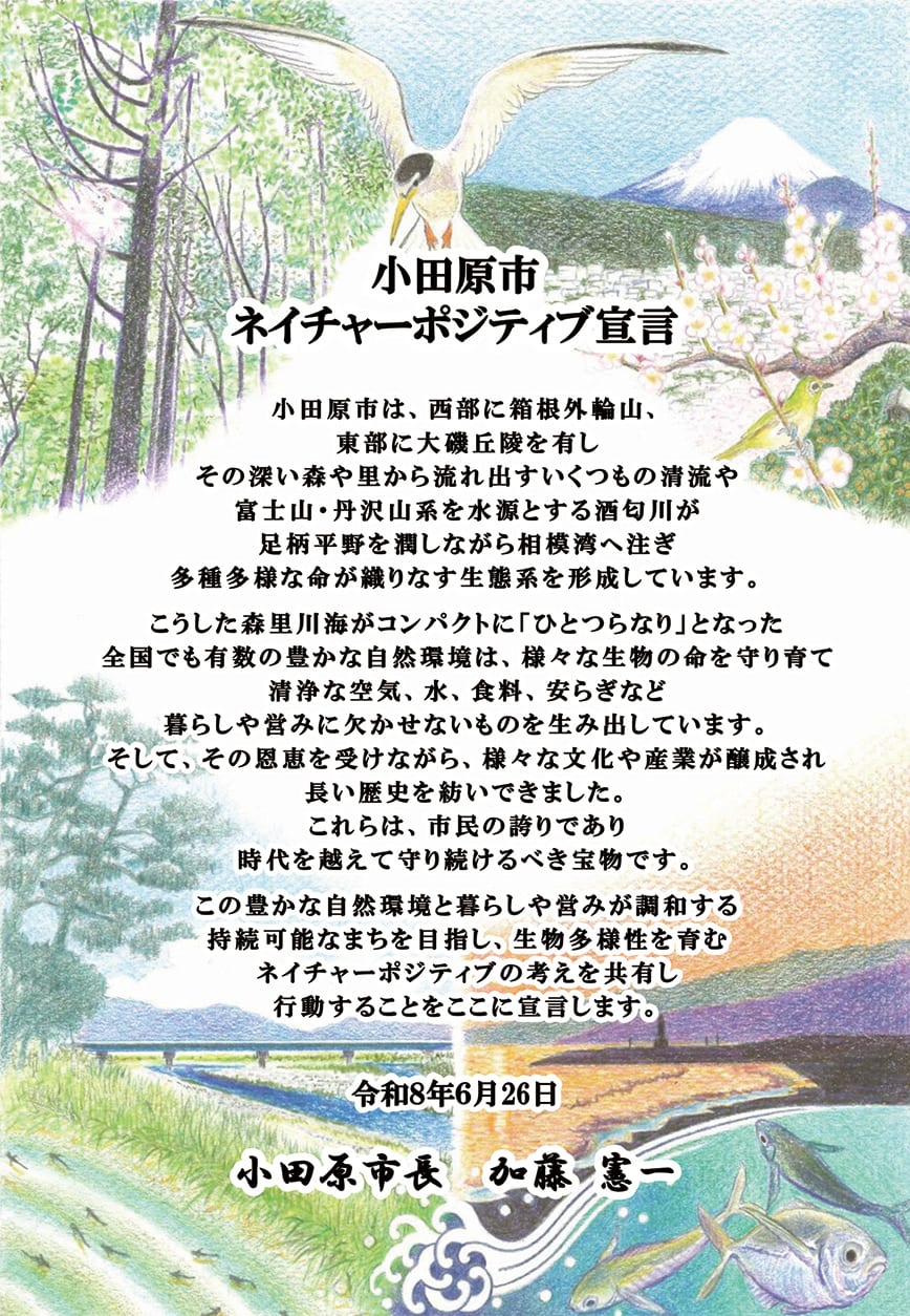 富士山や鳥、花々のイラストに彩られた小田原市ネイチャーポジティブ宣言文