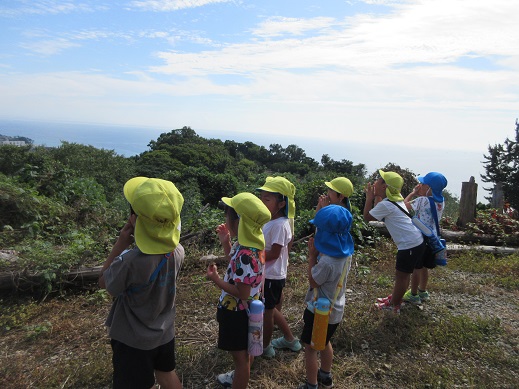 丘から小田原の街と海を見ている園児たち