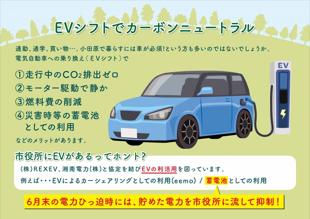 電気自動車には、走行中の二酸化炭素排出量ゼロ、モーター駆動で静か、燃料費の削減、災害時の蓄電池としての利用などのメリットがあります！