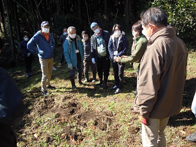 イノシシが土を掘り返した跡を確認する様子