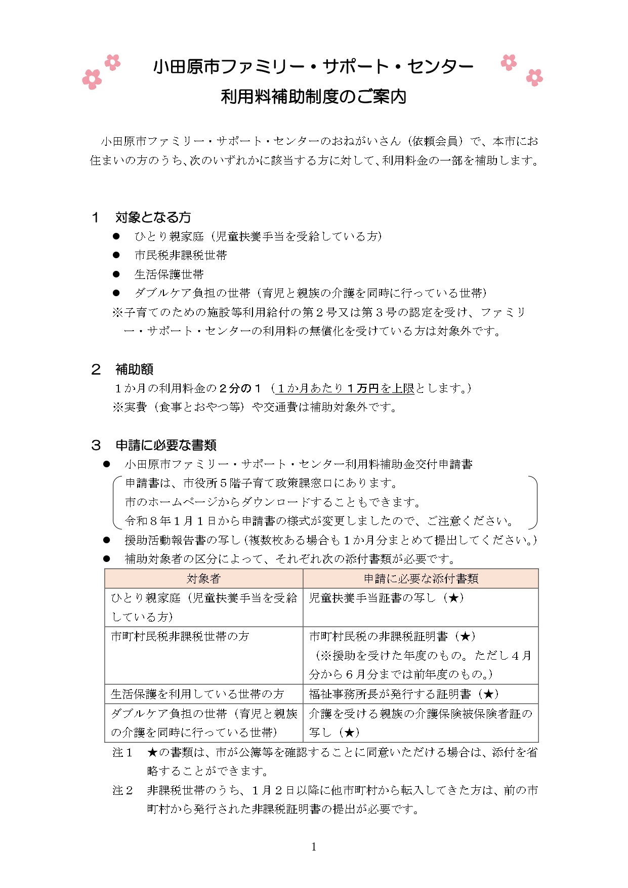 小田原市ファミリー・サポート・センター利用料補助事業チラシ（オモテ面）