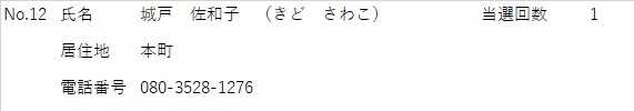 しめい　きどさわこ　きょじゅうち　ほんちょう　でんわばんごう　080-3528-1276　　とうせんかいすう　1かい