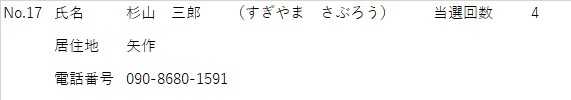 しめい　すぎやまさぶろう　きょじゅうち　やはぎ　でんわばんごう　090-8680-1591　　とうせんかいすう　4かい