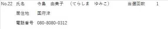 しめい てらしまゆみこ きょじゅうち こうづ でんわばんごう 080-8080-0312 とうせんかいすう 1かい