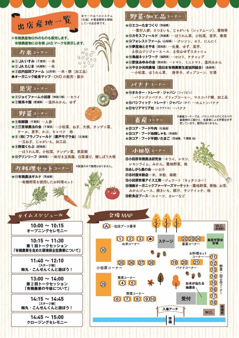 小田原オーガニックフェスタのチラシ裏面(出店産地一覧、タイムスケジュール、会場マップ) チラシのPDFデータは、このページの一番下に掲載します。