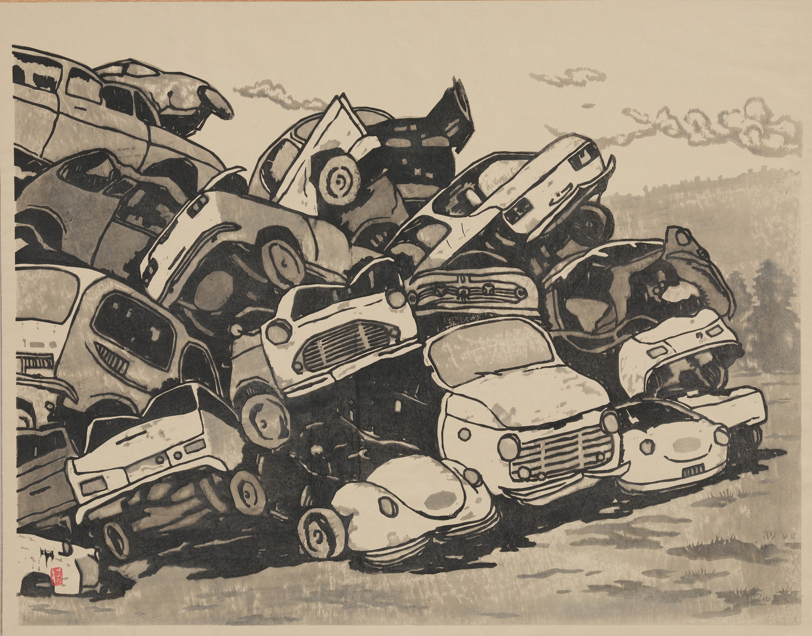 横田七郎が1972年に制作した木版画《ポンコツの山》の写真　