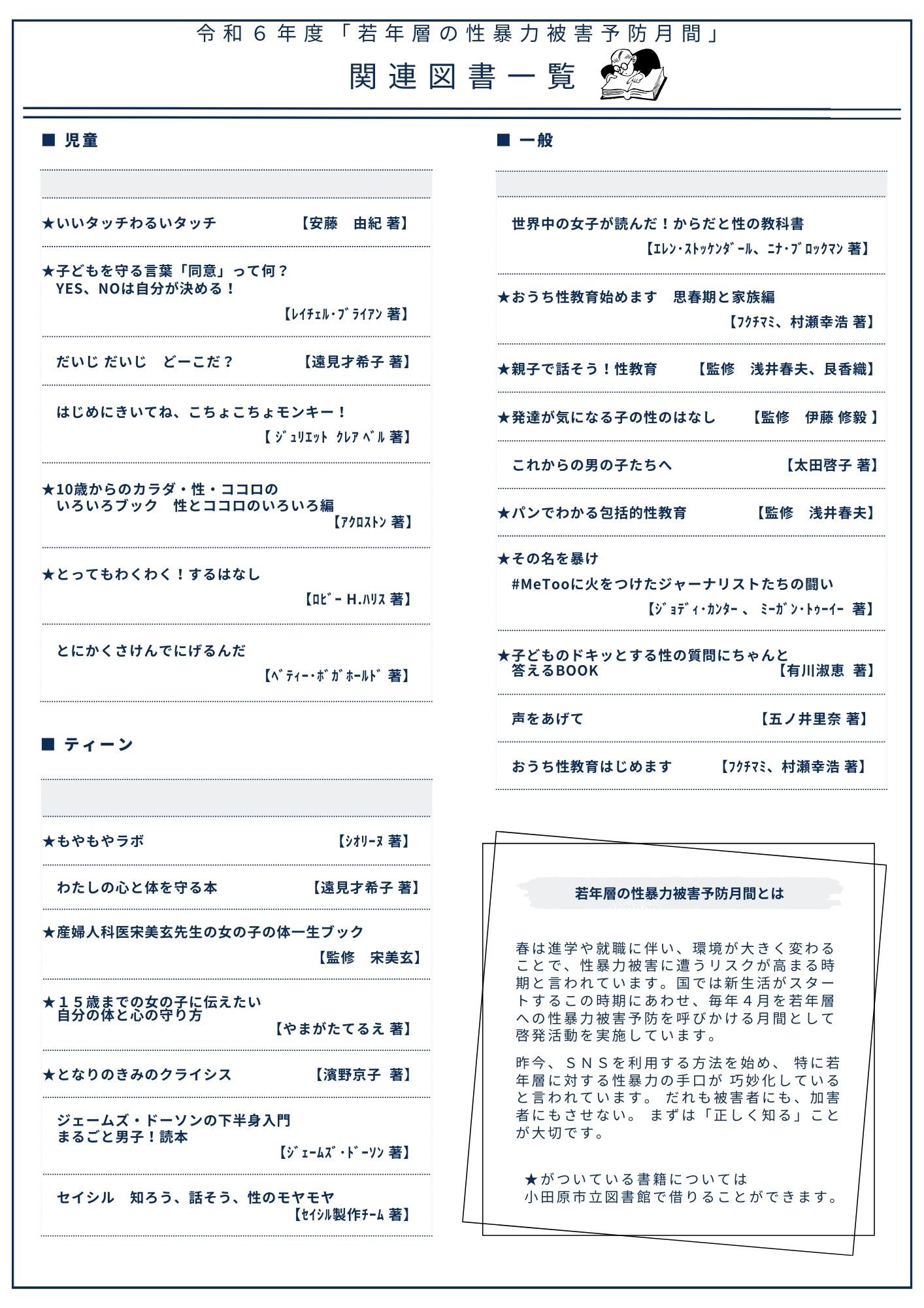 若年層の性暴力被害予防月間の関連図書一覧