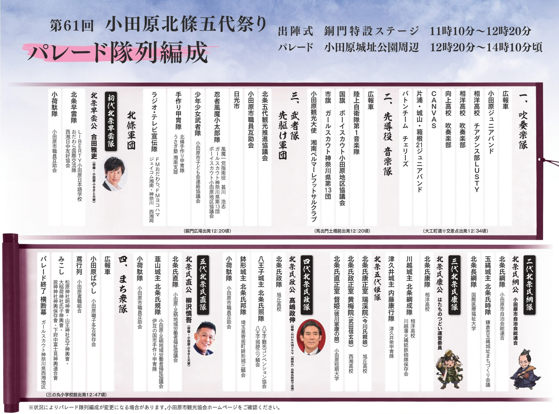 パレード隊列編成の画像。上の　第61回小田原北條五代祭りチラシ（裏）PDFと同様の内容です。