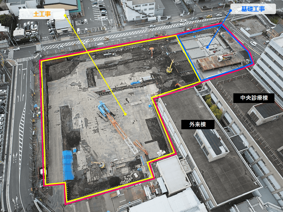 南東上空から工事現場を撮影した航空写真