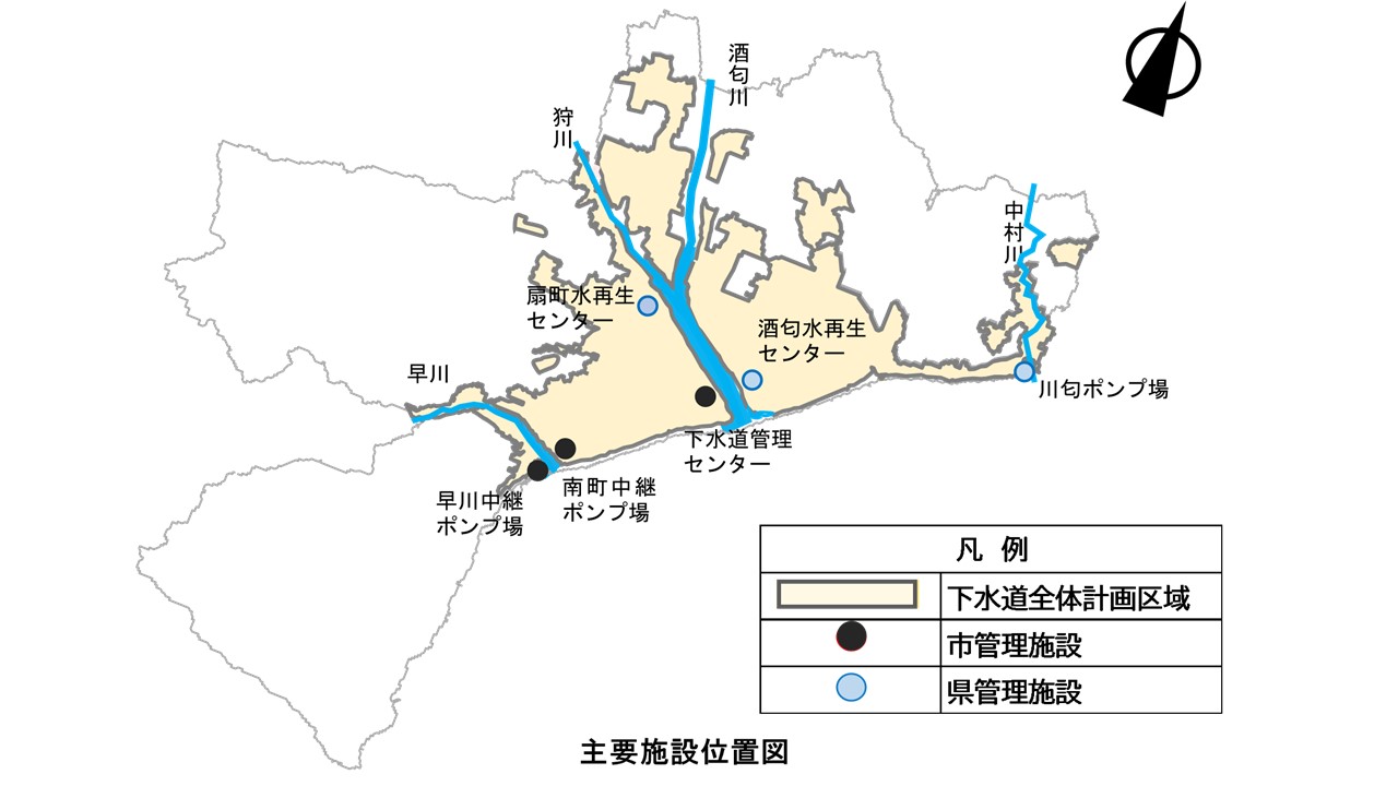 小田原市における中継ポンプ場および水再生センターの位置図