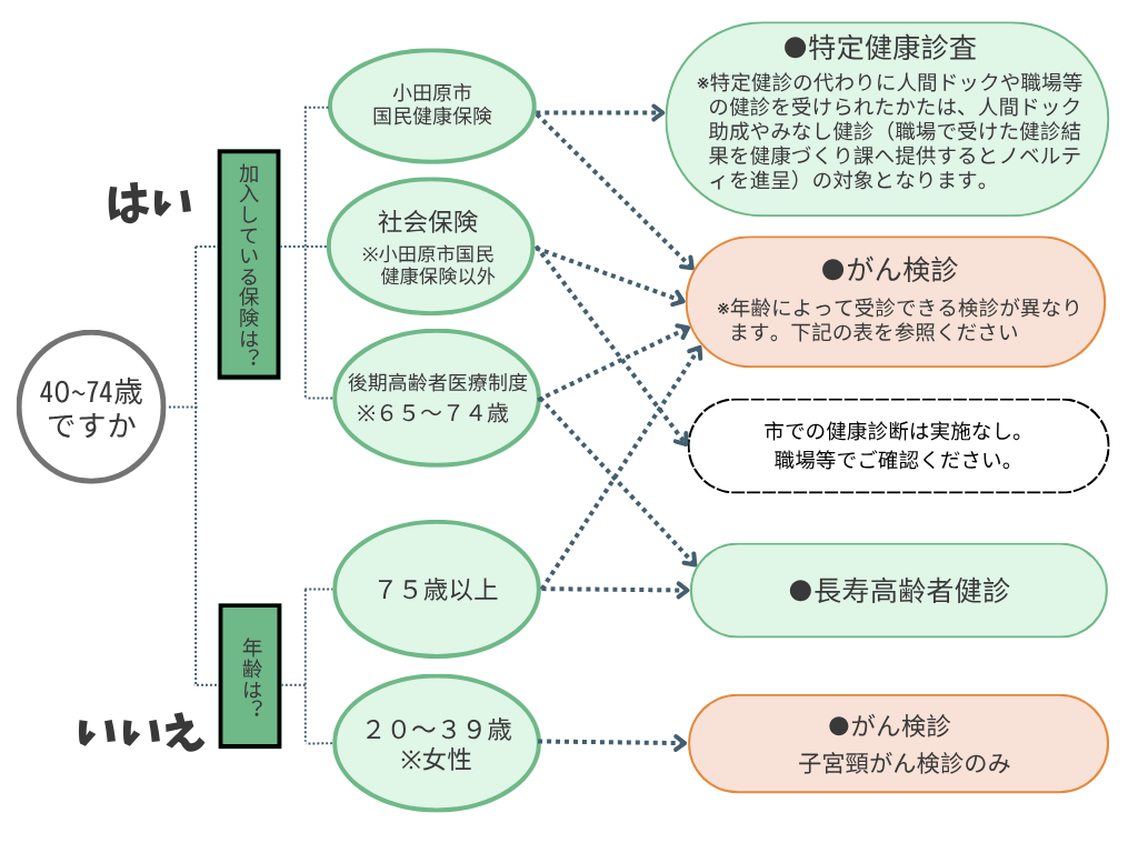 40~74歳で小田原市国民健康保険加入中のかたは特定健診とがん検診、社会保険加入中のかたはがん検診のみ、後期高齢者医療のかたは、長寿健診が市の健診の対象となります。75歳以上のかたは長寿健診とがん検診、20~39歳の女性は子宮頸がん検診が対象となります。