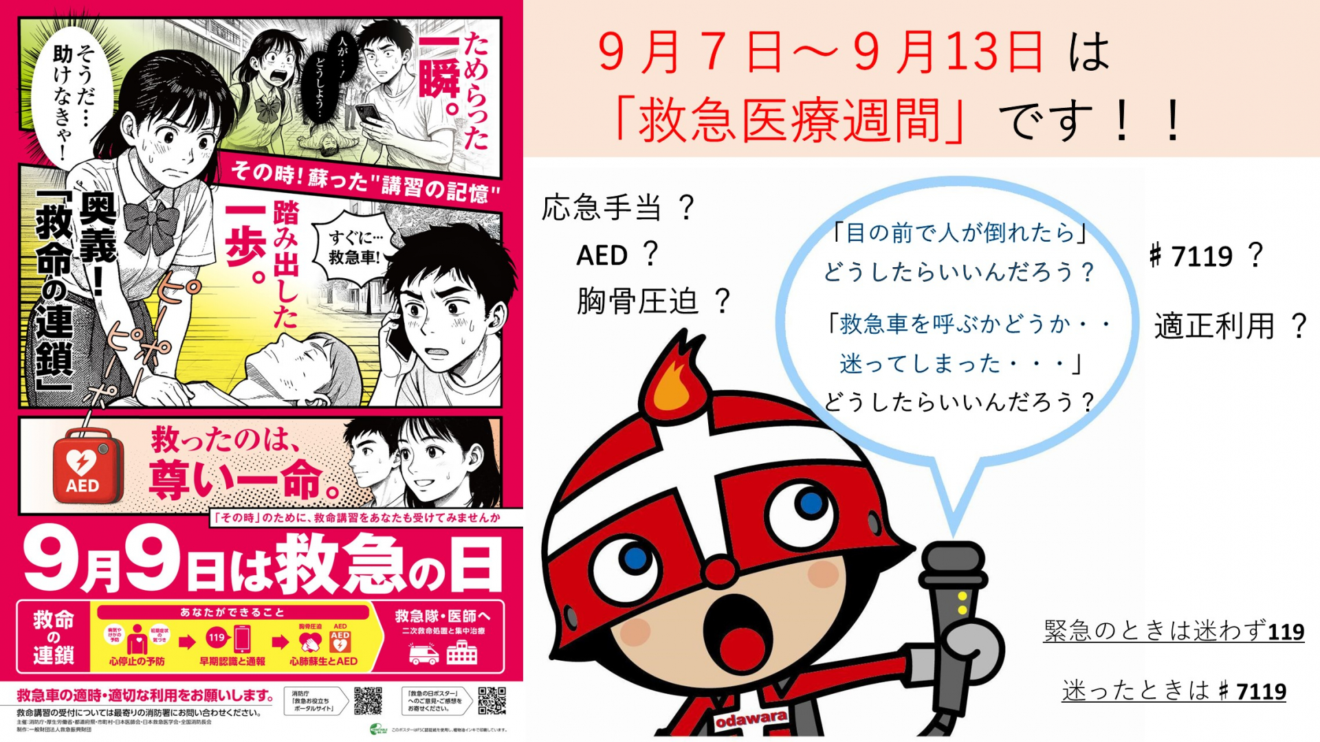 救急の日ポスター（救急振興財団作成ポスター）9月9日は「救急の日」。9月7日～9月13日は「救急医療週間」です！