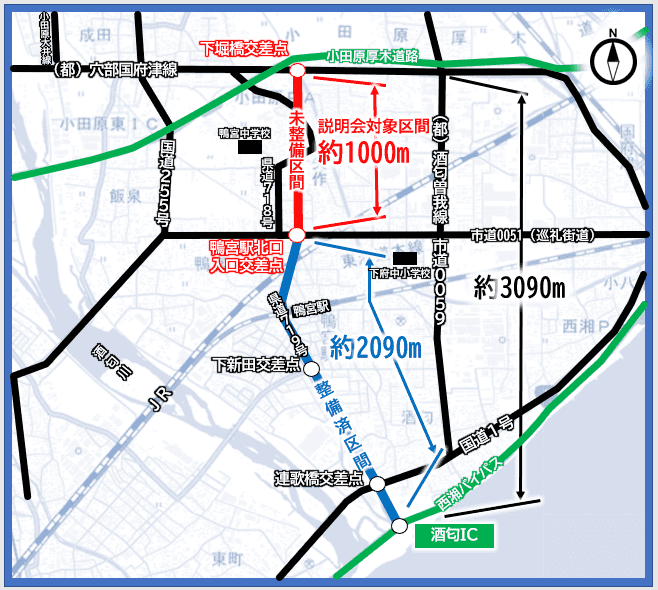 都市計画道路酒匂永塚線は市道0051から県道717号までの約1,000メートル区間が未整備となっています。