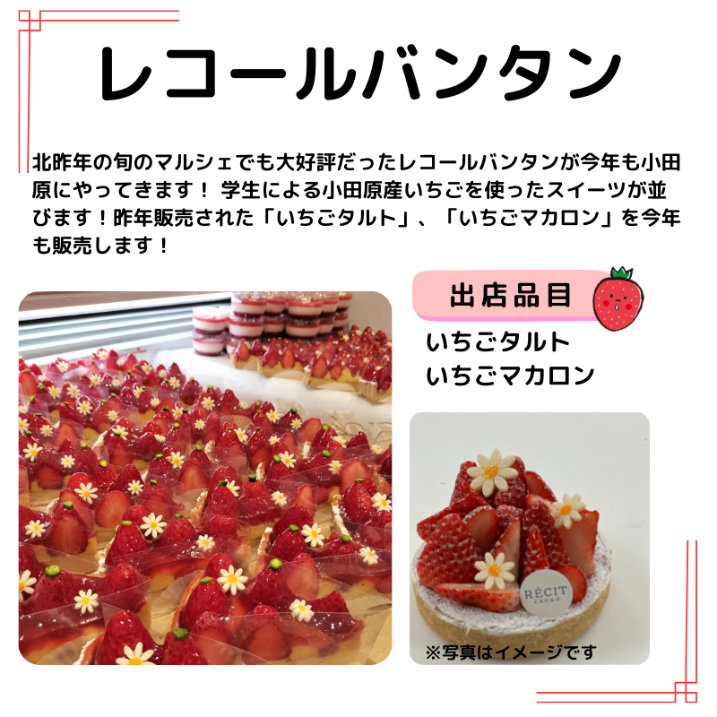 レコールバンタンの説明：北昨年の旬のマルシェでも大好評だったレコールバンタンが今年も小田原にやってきます！ 学生による小田原産いちごを使ったスイーツが並びます！昨年販売された「いちごタルト」、「いちごマカロン」を今年も販売します！出品品目：いちごタルト いちごマカロン。写真はいちごタルトの写真と昨年のいちごマルシェの商品陳列の写真