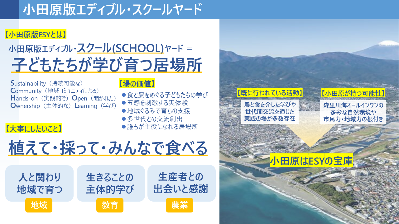 小田原版エディブル・スクールヤードとは、『エディブル＝「食べられる」』、『スクールヤード＝「こどもたちが学び育つ居場所」』と捉え、農と食を介した体験を通じて、多世代交流の場を創出し、新たな人材を発掘することで、地域活動の裾野を広げていく取組です。
