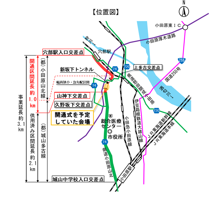 今回開通する道路の区間は、県道74号山神下交差点から穴部駅入口交差点までの約1.0km区間です。