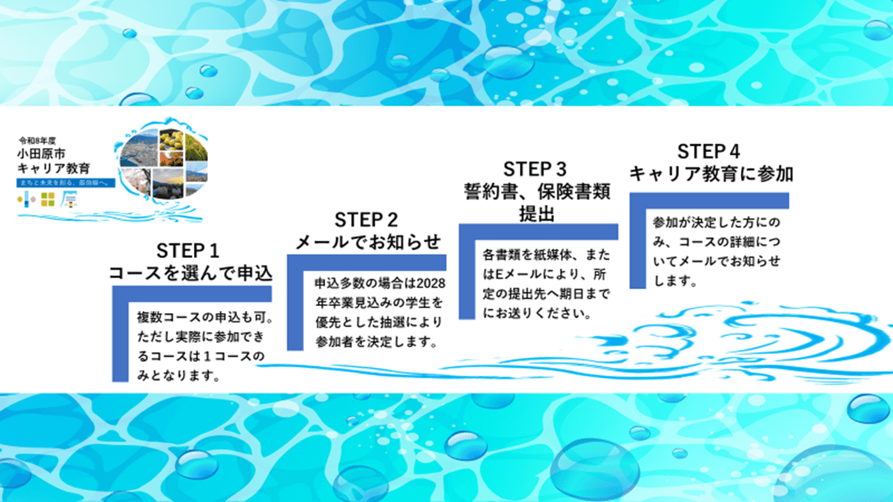 step1.コースを選んで申込（複数コースの申込も可能。ただし実際に参加できるコースは1コースのみになります。）,step2.メールでお知らせ(申込多数の場合は2027年卒業見込みの学生を優先とした抽選により参加者を決定します。),step3.誓約書、保険書類提出(各書類を紙媒体、またはEメールにより所定の提出先へ期日までにお送りください。),step4.キャリア教育に参加(参加が決定した方にのみ、コースの詳細についてメールでお知らせします。)