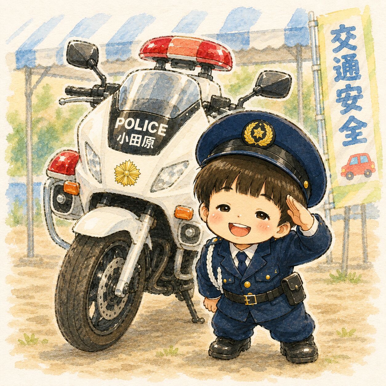 ミニ白バイの横で小さい子供が記念撮影をするイラスト