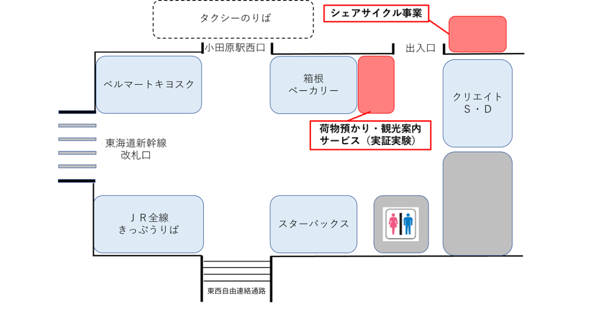 小田原駅西口荷物預かりサービスと臨時観光案内所の位置は小田原駅西口にある箱根ベーカリ隣に位置します。