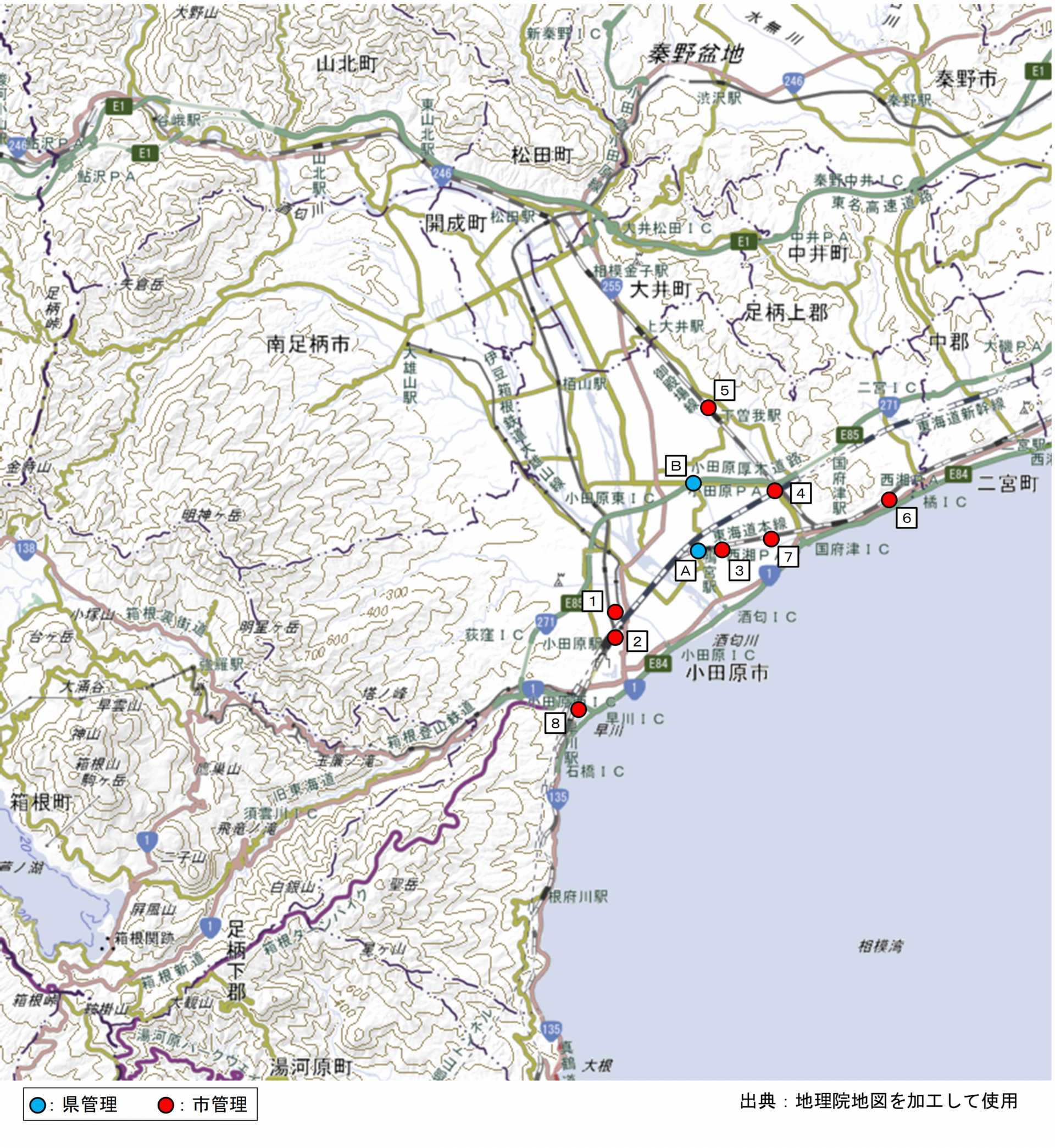 道路冠水注意箇所を示す地図。
